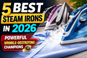Thumbnail showing several modern steam irons with the text “Best Steam Irons 2026 – Powerful Wrinkle Destroyers,” highlighting top-performing irons for smooth, wrinkle-free clothes.