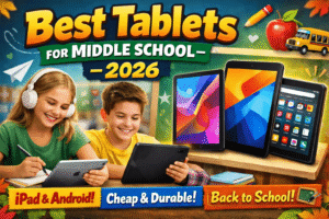 Thumbnail showing smiling middle school students using tablets with the headline “Best Tablets for Middle School – 2026”, featuring popular devices like the Apple iPad (9th Generation), Samsung Galaxy Tab A9+, and Amazon Fire HD 10 (2023) in a colorful back-to-school classroom setting.