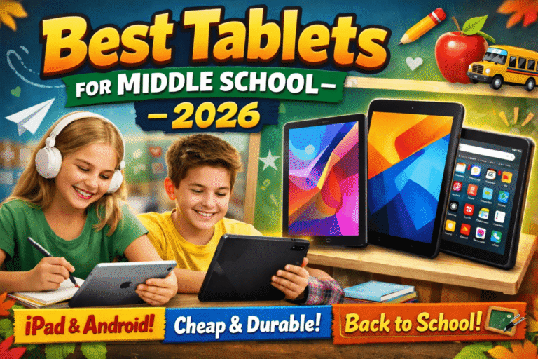 Thumbnail showing smiling middle school students using tablets with the headline “Best Tablets for Middle School – 2026”, featuring popular devices like the Apple iPad (9th Generation), Samsung Galaxy Tab A9+, and Amazon Fire HD 10 (2023) in a colorful back-to-school classroom setting.