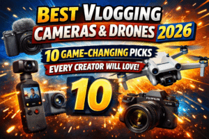 Best Vlogging Cameras and Drones 2026 thumbnail featuring top creator gear including Sony vlog cameras, DJI drones, and Fujifilm X-S20 with bold ‘10 Game-Changing Picks’ text