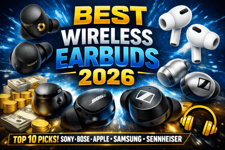 Thumbnail showing the best wireless earbuds for 2026 from Sony, Bose, Apple, Samsung, and Sennheiser with bold text “Best Wireless Earbuds 2026 – Top 10 Picks.