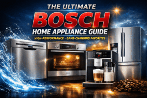 Ultimate Bosch Home Appliance Guide 2026 thumbnail featuring high-performance dishwasher, oven, refrigerator, and VeroCafe coffee machine with bold text and modern kitchen background.