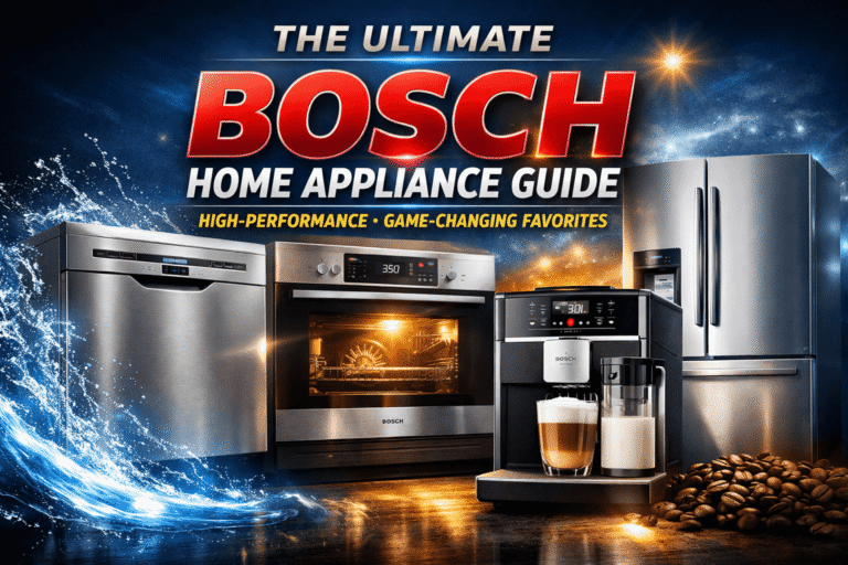 Ultimate Bosch Home Appliance Guide 2026 thumbnail featuring high-performance dishwasher, oven, refrigerator, and VeroCafe coffee machine with bold text and modern kitchen background.