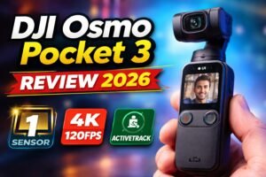 DJI Osmo Pocket 3 review 2026 thumbnail showing a handheld pocket camera with flip screen, highlighting 1-inch sensor, 4K 120fps video, and ActiveTrack features for vlogging.