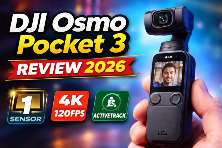 DJI Osmo Pocket 3 review 2026 thumbnail showing a handheld pocket camera with flip screen, highlighting 1-inch sensor, 4K 120fps video, and ActiveTrack features for vlogging.