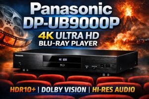 Panasonic DP-UB9000P 4K Ultra HD Blu-ray player thumbnail showing premium home cinema device with HDR10+, Dolby Vision and Hi-Res Audio features highlighted against cinematic background