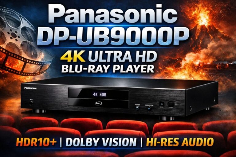 Panasonic DP-UB9000P 4K Ultra HD Blu-ray player thumbnail showing premium home cinema device with HDR10+, Dolby Vision and Hi-Res Audio features highlighted against cinematic background