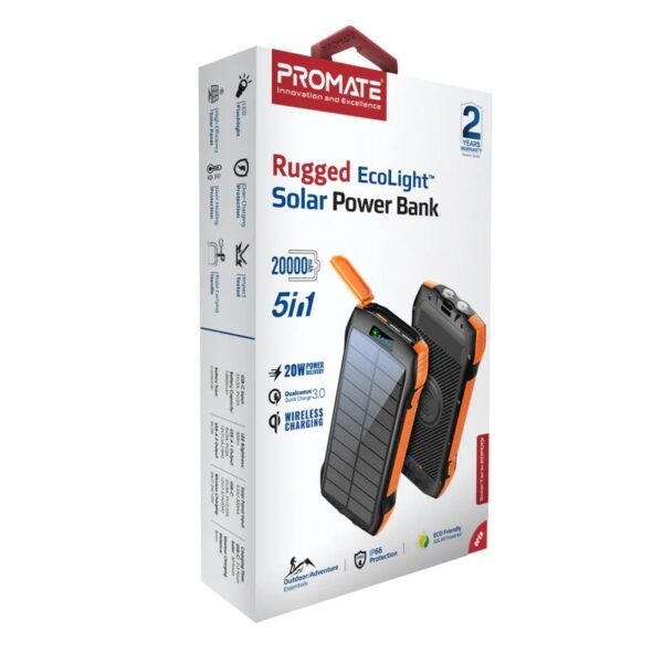 Promate 20000mAh Solar Power Bank – Wireless & Portable