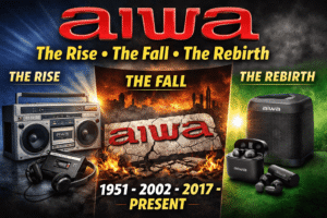 AIWA rise fall and rebirth history thumbnail showing boombox and modern speaker
