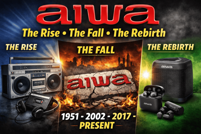 AIWA rise fall and rebirth history thumbnail showing boombox and modern speaker