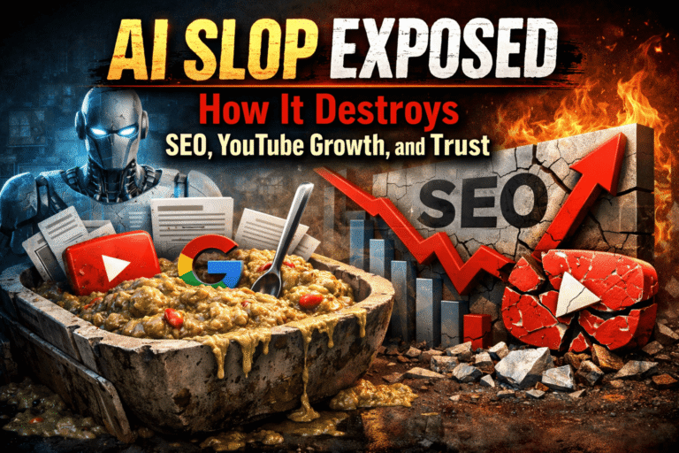 AI Slop Exposed thumbnail showing low-quality AI content flooding YouTube and Google with a warning about SEO damage.