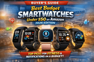 Best budget smartwatches under $50 on Amazon 2026 buyer’s guide showing affordable fitness and notification smartwatches with AMOLED displays and long battery life.