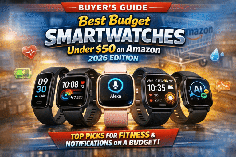 Best budget smartwatches under $50 on Amazon 2026 buyer’s guide showing affordable fitness and notification smartwatches with AMOLED displays and long battery life.